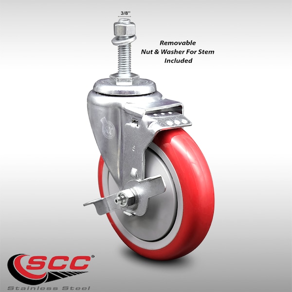 Service Caster 5 Inch SS Red Polyurethane Swivel 3/8 Inch Threaded Stem Caster with Brake SCC SCC-SSTS20S514-PPUB-RED-TLB-381615 - main